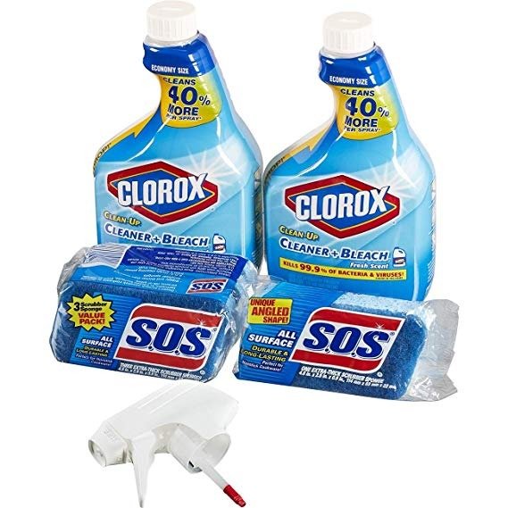 Clean-Up Bleach Cleaner Spray and S.O.S All Surface Scrubber Sponge Value Pack – Two 32 Ounce Bottles and 4 Sponges