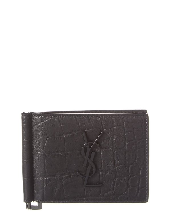 Croc-Embossed Leather Money Clip Wallet