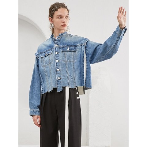 fano studios 拼接不规则毛边下摆牛仔外套