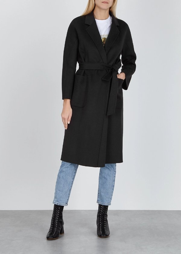 Claudine black belted wool-blend coat