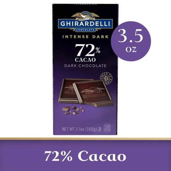 Intense Dark Chocolate Bar, 72% Cacao Holiday Chocolate, 3.5 Oz Bar