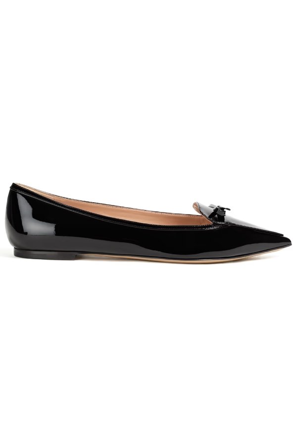 Bow-embellished patent-leather point-toe flats