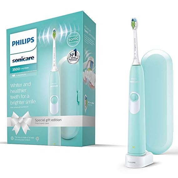 Sonicare DailyClean 3500 Electric Toothbrush, Mint Green, with Travel Case and Optimal White Brush Head (UK 2-Pin Bathroom Plug) – HX6221/59