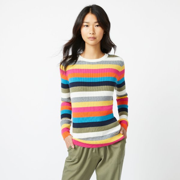 SUSTAINABLY CRAFTED MULTICOLOR STRIPE RIB-KNIT SWEATER