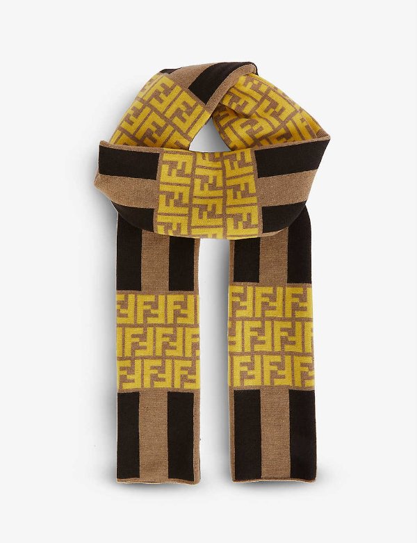 Brand-pattern fringed wool scarf