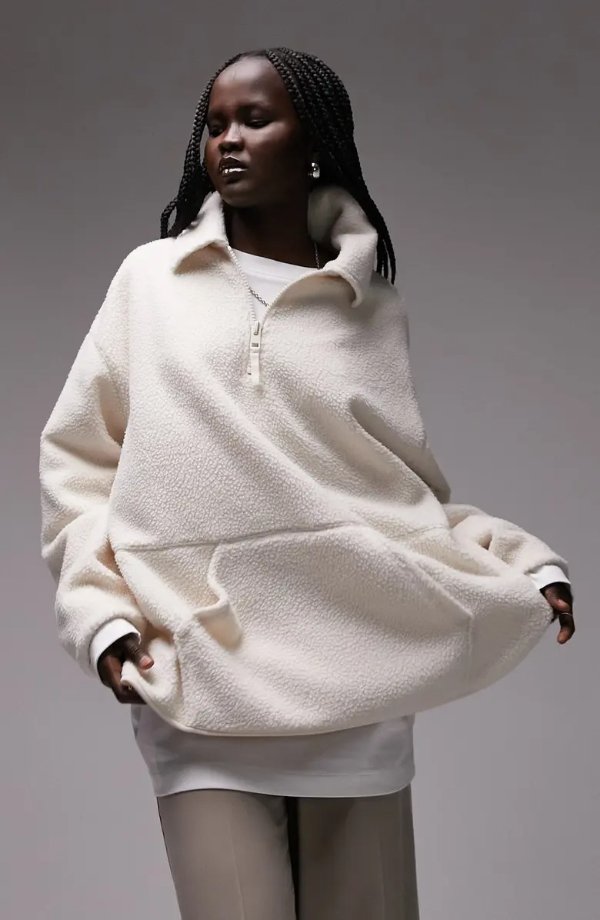 Oversize Half Zip Textured Fleece Pullover