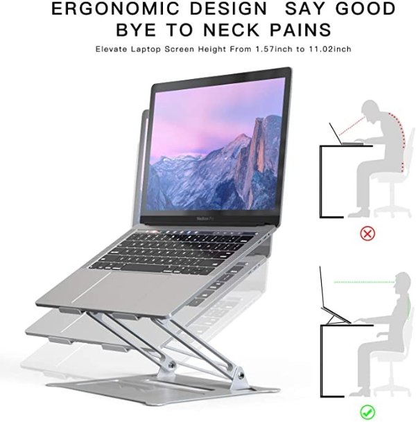 Laptop Stand for Desk KXLY Ergonomic Aluminum Laptop Computer Stand Laptop Riser Adjustable Notebook Holder Stand with Heat-Vent, Compatible with MacBook,Air, Pro, Dell XPS More (Silver)
