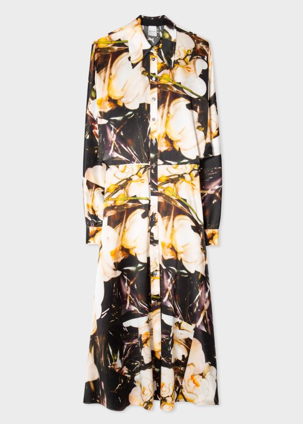 Women's 'Orchid' Print Silk Satin Shirt Dress