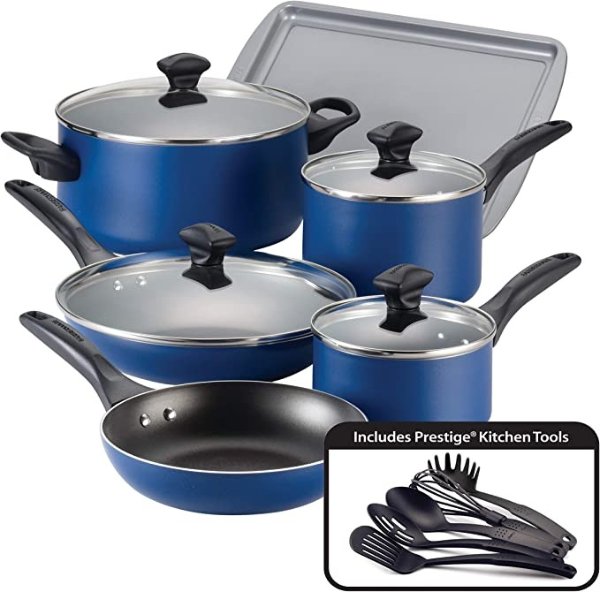 Dishwasher Safe Nonstick Cookware Pots and Pans Set, 15 Piece, Blue