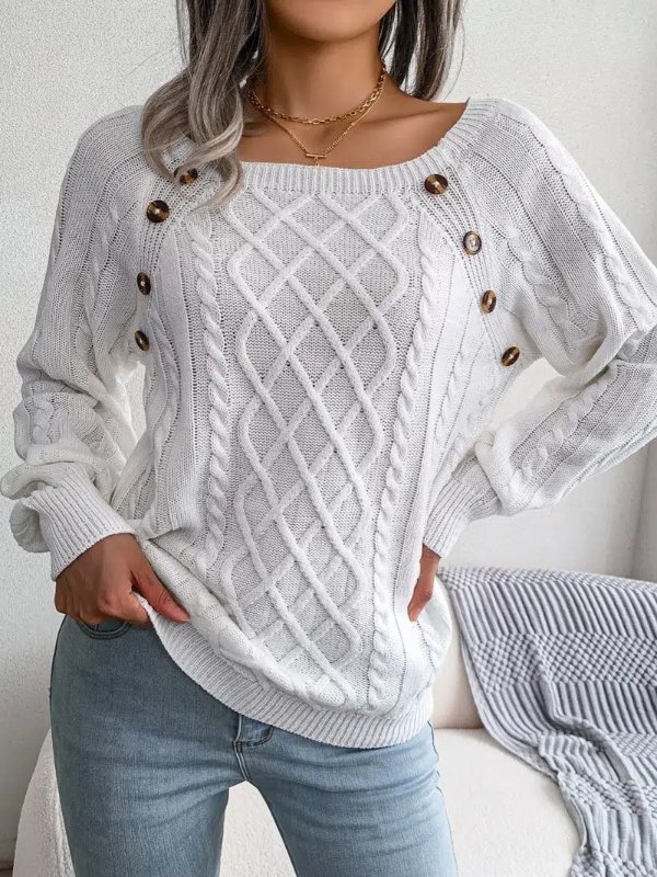 Women's Sweater Round Neck Texture Button Lantern Sleeve Sweater - Clothing, Shoes & Jewelry - Temu