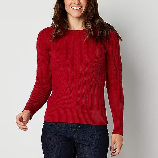 St. John's Bay Womens Crew Neck Long Sleeve Cable Knit Pullover Sweater