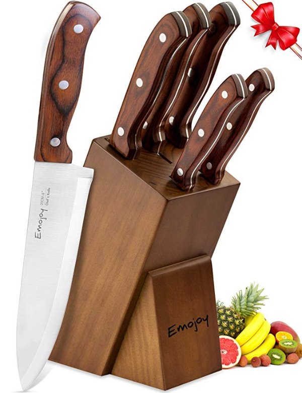 Kitchen Knife Set, 6-Piece Knife Block Set, Wooden Handle Knife Set with Block, Stainless Steel Chef Knife Set with Pakkawood Handle, by Emojoy.