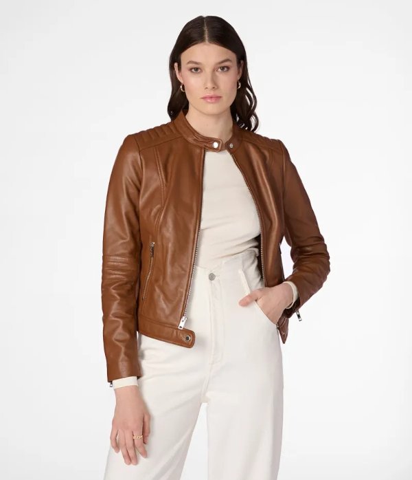 Emma Genuine Leather Jacket With Shoulder Detail