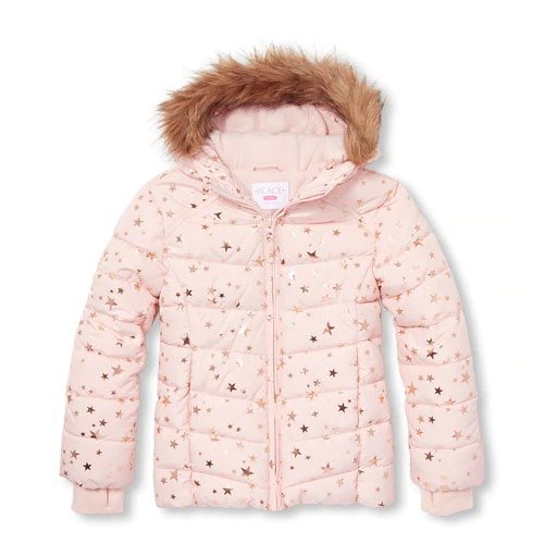 Girls Foil Star Print Faux Fur Hooded Puffer Jacket