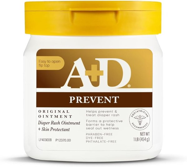 A+D Original Diaper Rash Ointment, Skin Protectant With Lanolin and Petrolatum, Seals Out Wetness, Helps Prevent Baby Diaper Rash, 1 Pound Jar.