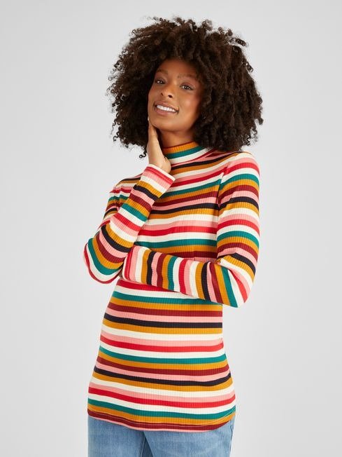 Stripe Ribbed Jersey Polo Neck Top