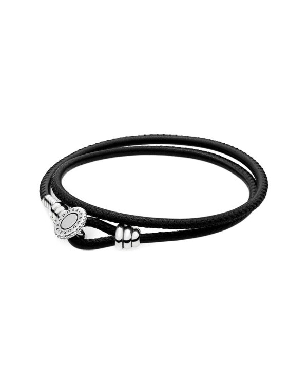 Silver CZ Black Double Leather Bracelet