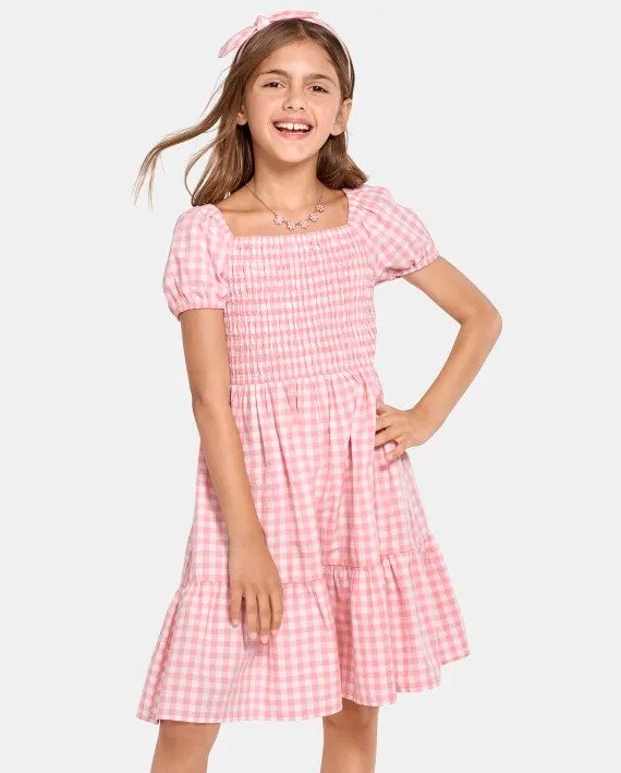 Girls Mommy And Me Short Puff Sleeve Gingham Poplin Woven Tiered Dress | The Children's Place - ROSE PETAL