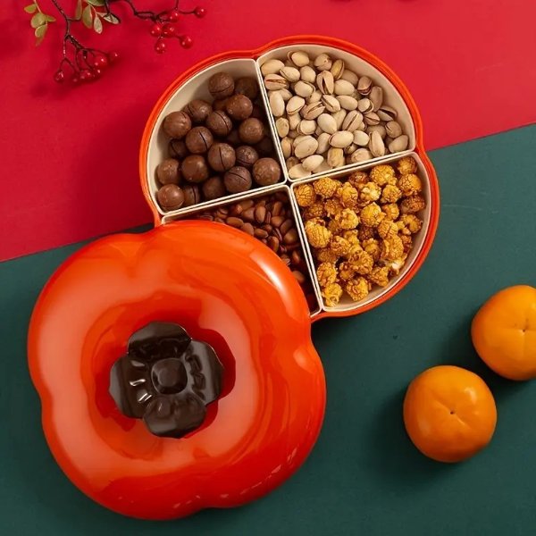 1pc Spring Festival Persimmon Shape Tray, Fruit Plate Dried Fruit Box, Household Living Room Nut Plate, Holiday Snack Fruit Plate, Jewelry Box Creative Decorative Box With Lid, Four Grids Design