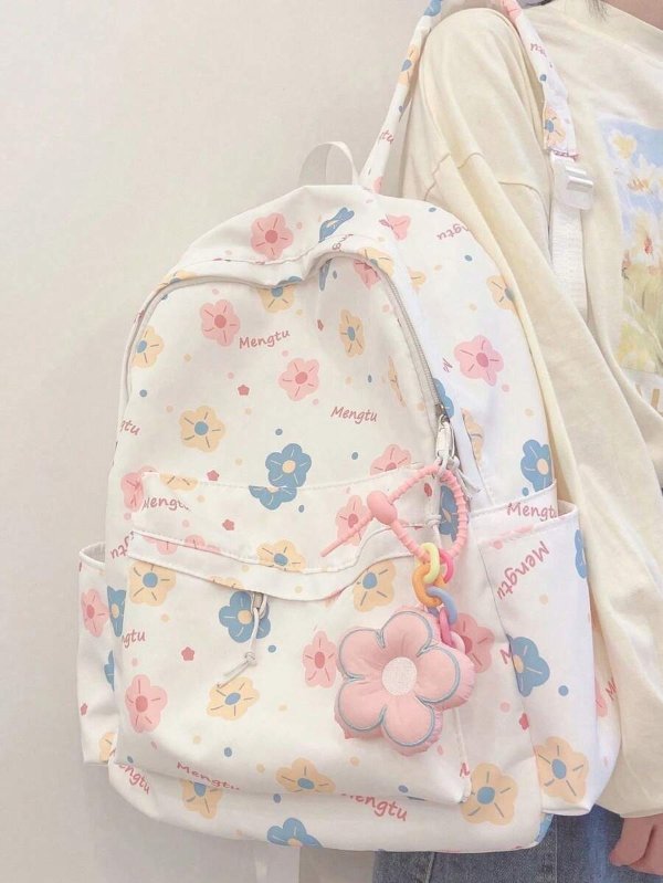 Cute Cartoon Print Color Block Backpack For Girls, Casual School Bag Travel Daypack With Large Capacity And Flower Pendant(Random Printing Position) | SHEIN USA