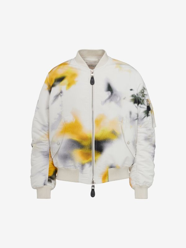 Men's Obscured Flower Bomber Jacket in White/yellow
