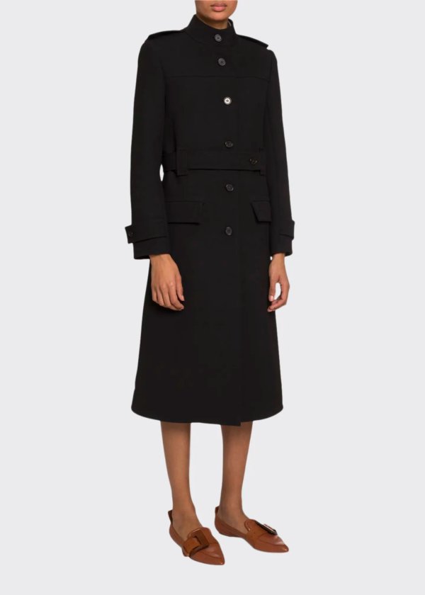 High-Neck Belted Button-Front Coat