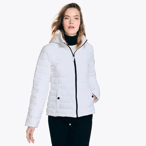 short puffer jacket with removable hood