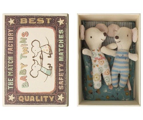 Baby Twin Mice in Box with Blue Floral Bedding