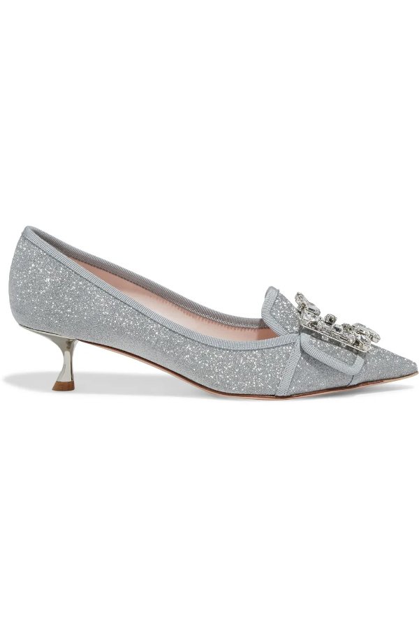 Broche embellished glittered leather pumps