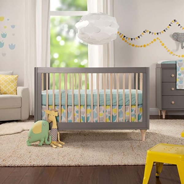 Lolly 3 in 1 Convertible Crib with Toddler Bed Conversion Kit in Grey/Washed Natural, Greenguard Gold Certified