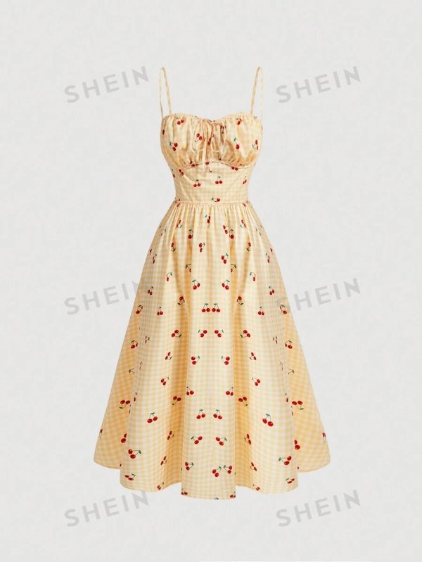 MOD Women's Gingham & Cherry Print Strap Dress |USA