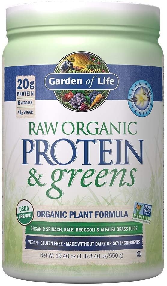 Raw Protein & greens Vanilla, Vegan Protein Powder for Women and Men, Juiced Greens and 20g Raw Organic Plant Protein plus Probiotics & Enzymes, Gluten-Free Low Carb Shake, 20 Servings