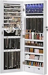 Hanging Jewelry Cabinet, Wall-Mounted Cabinet with LED Interior Lights, Door-Mounted Jewelry Organizer, Full-Length Mirror, Gift Idea, White UJJC99WT