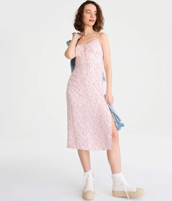 Floral Notch-Neck Ruched Midi Dress