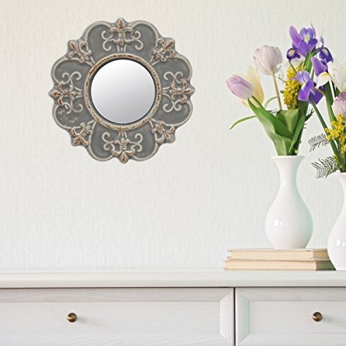 Decorative Round Antique Gray Ceramic Wall Mirror, Vintage Home Decor for Living Room, Kitchen, Bedroom, or Hallway