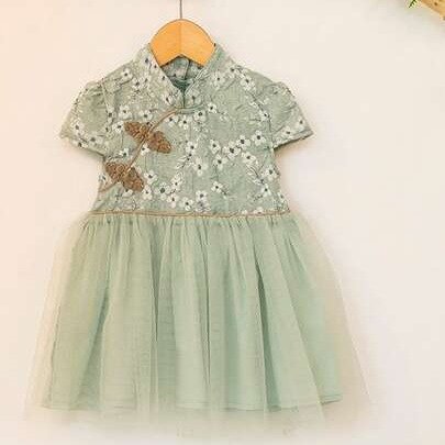 Baby Floral Embroidery Mandarin Collar Mesh Dress
