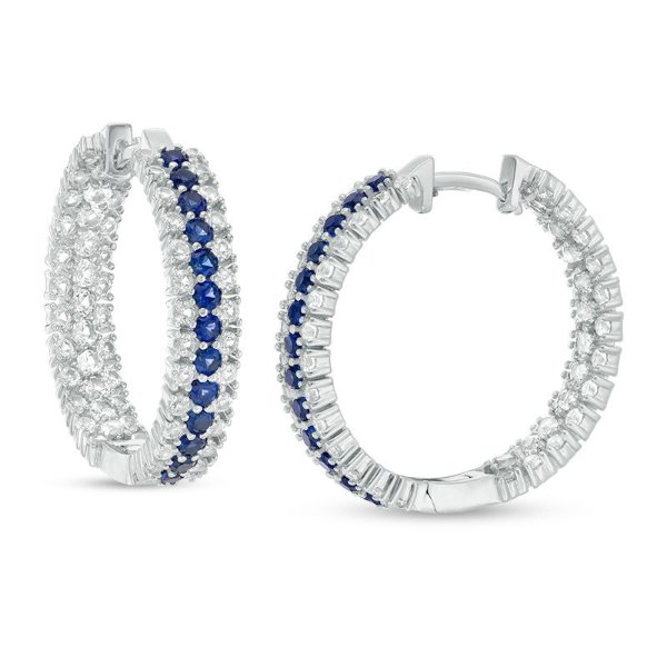 Lab-Created Blue and White Sapphire Triple Row Inside-Out Hoop Earrings in Sterling Silver|Zales