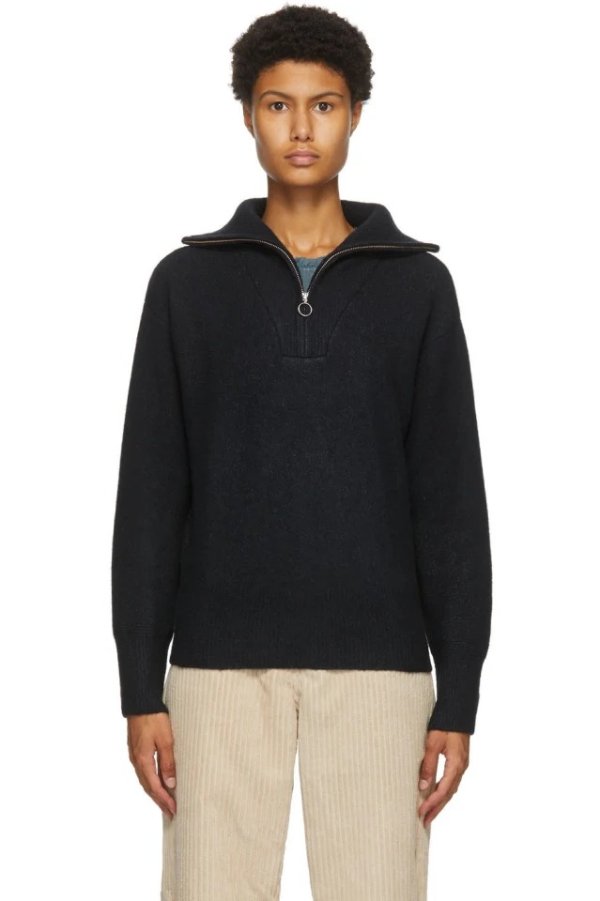 Black Wool Fancy Half-Zip Sweater