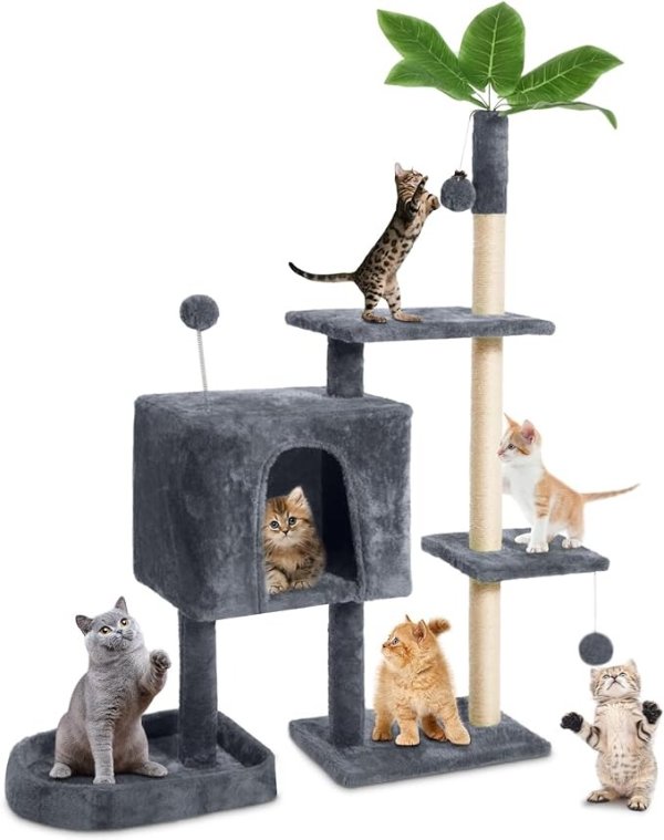 TSCOMON 52" Cat Tree Cat Tower for Indoor Cats with Green Leaves, Multi-Level Cozy Plush Cat Condo Cat House Scratching Posts for All Breeds Sizes
