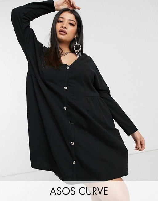 ASOS DESIGN Curve smock side button through dress in black | ASOS