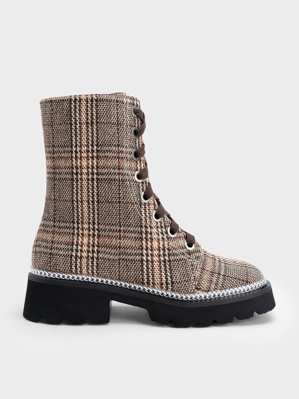 Dark Brown Checkered Chain-Trim Lace-Up Boots | CHARLES & KEITH