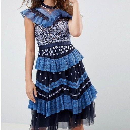 tiered lace embroidered midi dress in navy at asos.com