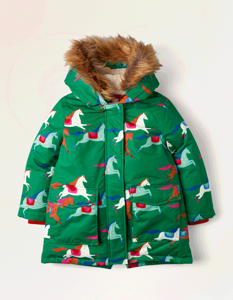Cosy Waterproof Parka - Forest Green Horses | Boden US