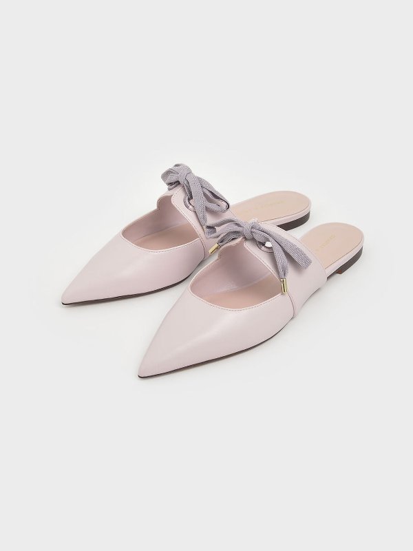Bow Strap Textured Pointed Toe Mules