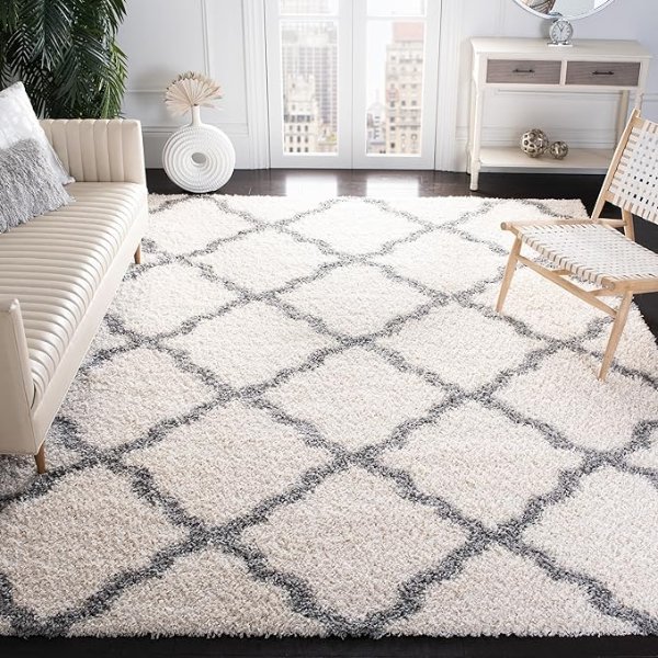 Dallas Shag Collection Area Rug - 5'1" x 7'6", Ivory & Grey, Trellis Design, Non-Shedding & Easy Care, 1.5-inch Thick Ideal for High Traffic Areas in Living Room, Bedroom (SGD257F)