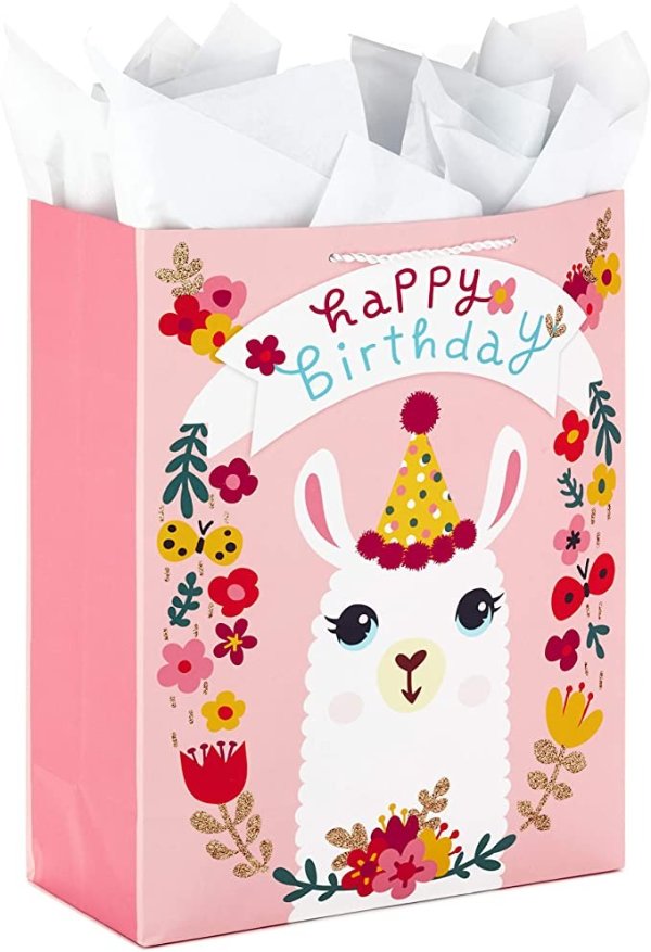 15" Extra Large Gift Bag with Tissue Paper for Birthdays (Llama and Flowers)