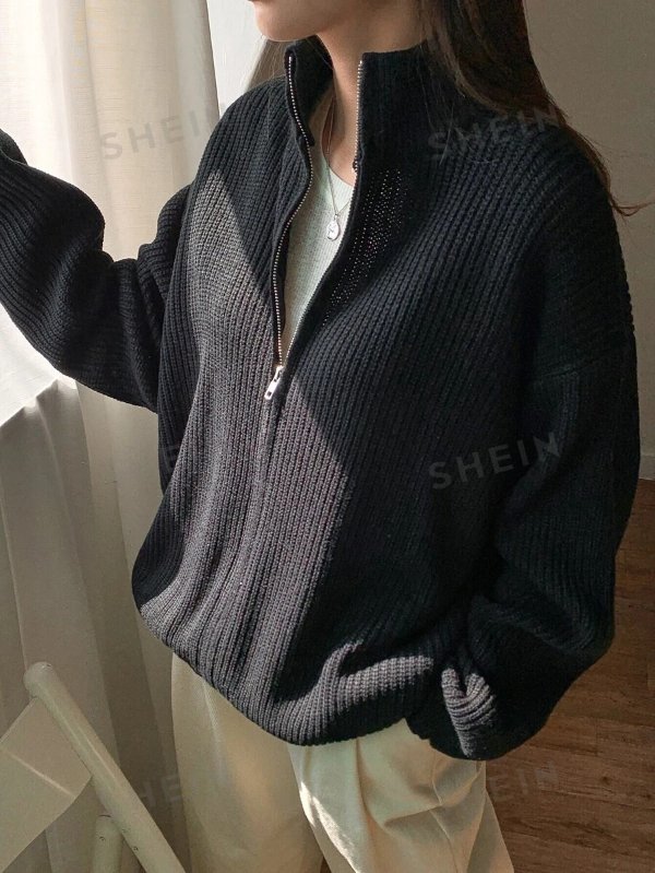 DAZY Ribbed Knit Drop Shoulder Zip Up Cardigan