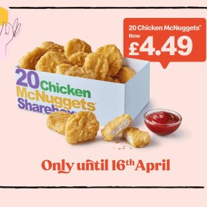 麦当劳20块麦乐鸡仅£4.99 连享8天！儿童套餐£1.99 14日截止！