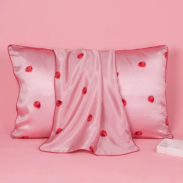 Strawberry Silk Pillowcase w Cotton Underside Queen Size