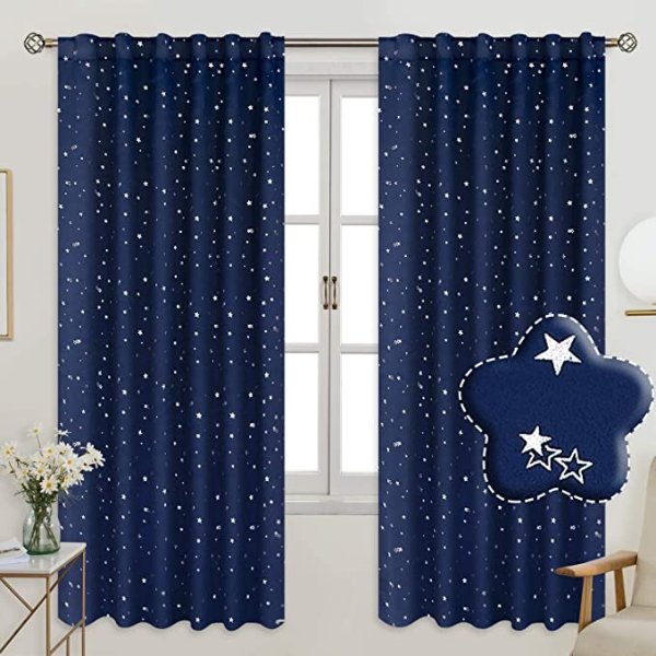 Rod Pocket and Back Tab Blackout Curtains for Kids Bedroom - Sparkly Star Printed Thermal Insulated Room Darkening Curtain for Nursery, 52 x 72 Inch, 2 Panels, Navy Blue